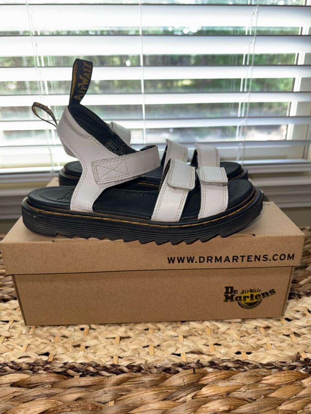 Dr. Martens White and Black Leather Velcro Strap Sandals